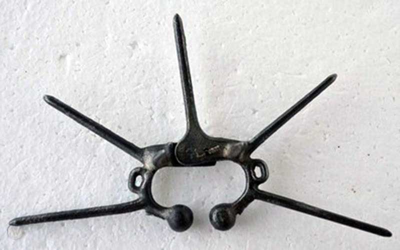 Arc-shaped metal device equipped with several sharp spikes, designed to attach to the animal's muzzle.