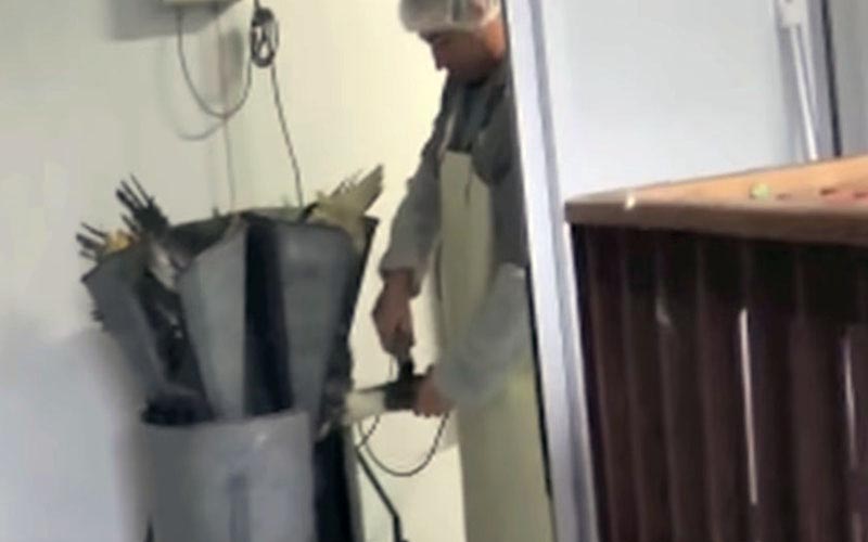 An operator handling the controls of the force-feeding equipment.